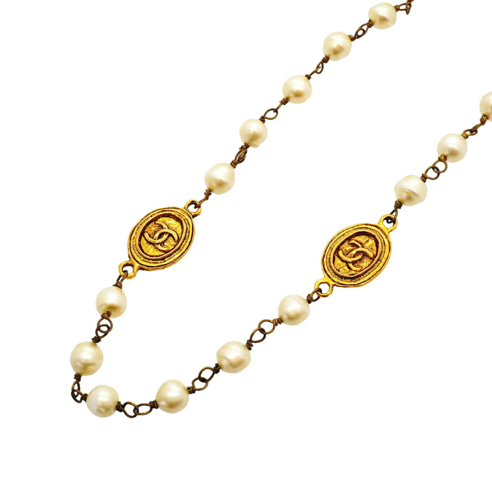 Chanel Necklace, Coco Mark, GP Plated, Faux Pearl, Gold, Women's